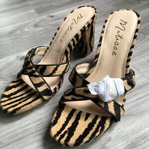 MATISSE SO LONG MULES LEATHER TIGER ANIMAL PRINT CALF HAIR BLOCK HEELS 8